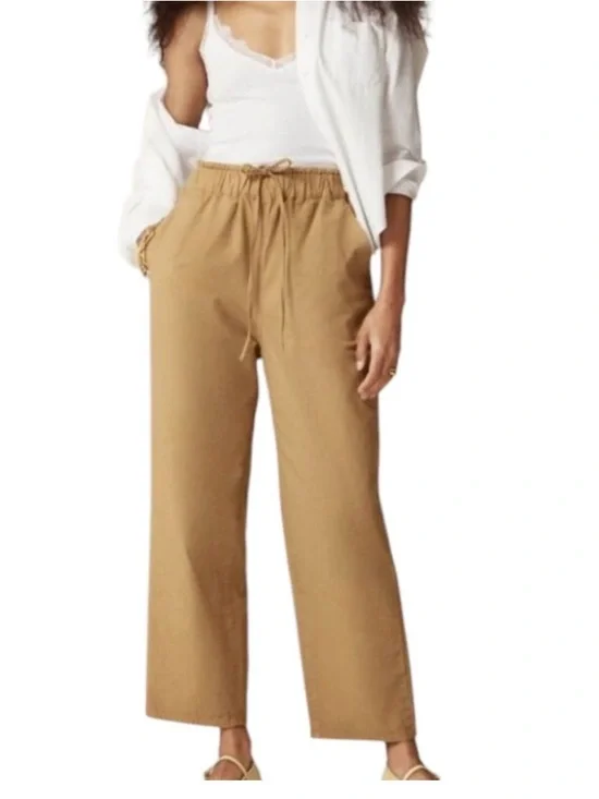 J.Crew NWT Linen Blend Wide Leg Crop Pants Tan Drawstring Elastic Waist M - Picture 1 of 15